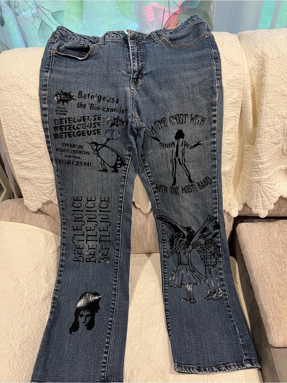 Faded Glory Dark Blue Denim Skinny Jeans with Black Beetlejuice Graphics